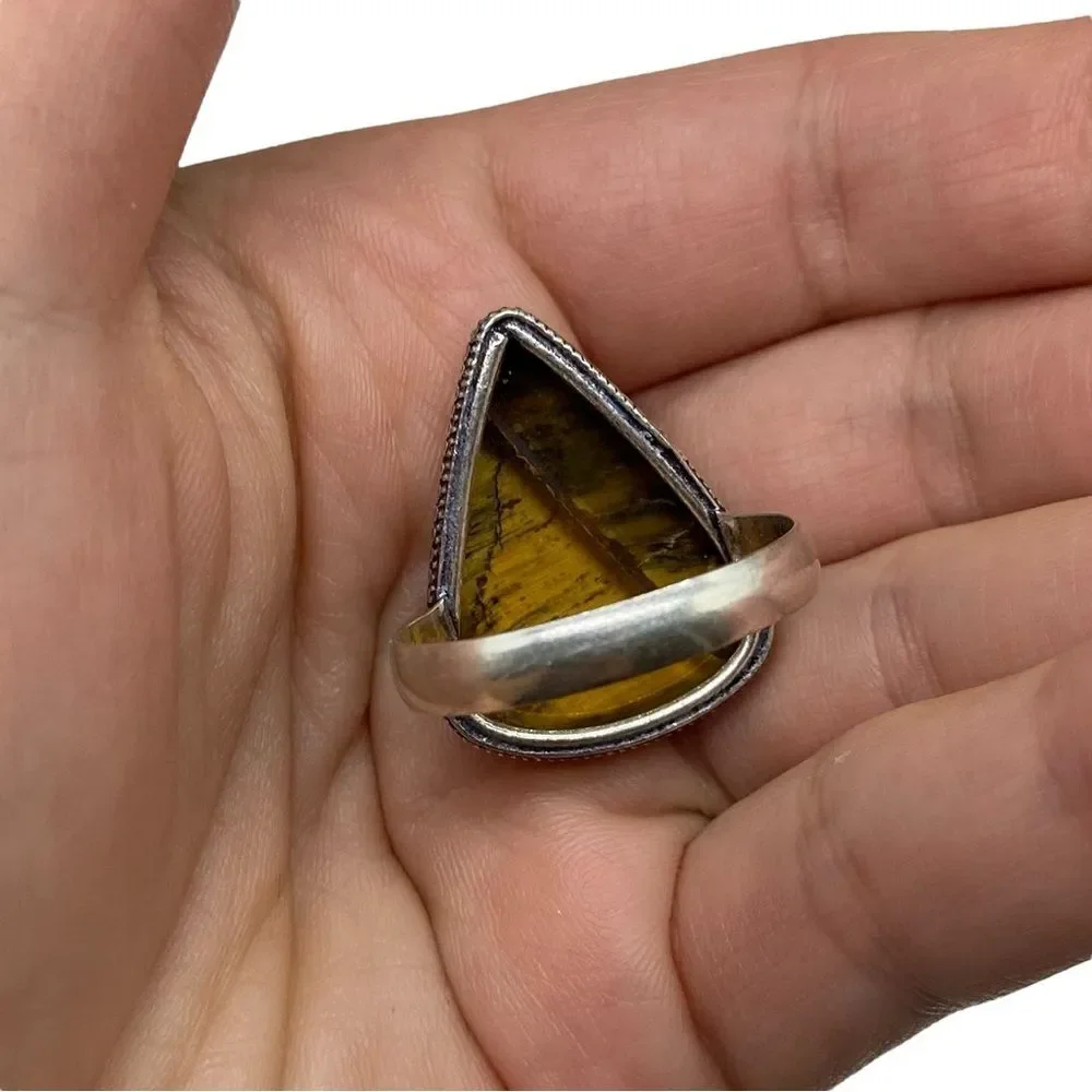 Tiger’s Eye Ring Size 11.5 925 Sterling Silver Overlay Brown Stone